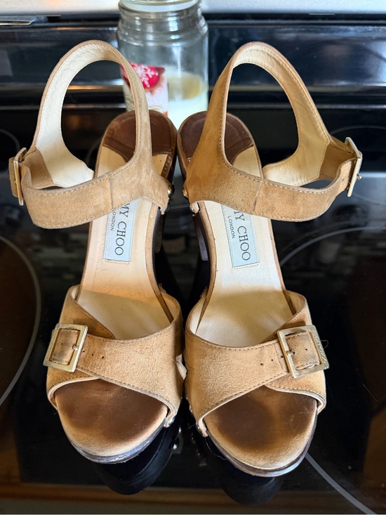 Jimmy Choo Shoes - Jimmy Choo Tan Suede Buckle Platform Wooden Sandals